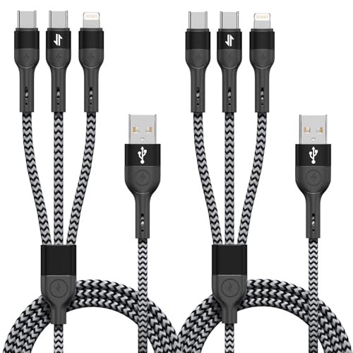 Multi Charging Cable, 3 in 1 Charging Cable for Multiple Devices, Nylon Braided Universal Charger for Travel, USB Cable Multiple Phone Charger with Type C Lightning for iPhone17/16/15/14/13(2Pack 4FT) - color: Grey