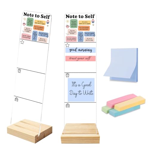 Sticky Notes Monitor Memo Board Acrylic Holder with Removable Wooden Base, Note to Self Positive Affirmations Logo Desk Set with 200 Sheets Two Sizes Sticky Notes, Office Desk Accessories Organizer - color: Noteself