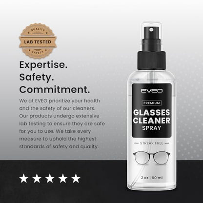 EVEO Glasses Cleaner Spray - Eyeglass Cleaner (No Streaks)| Eye Glass Cleaners Spray + Lens Cleaner Microfiber Cleaning Cloth, Glasses Cleaning Kit Eye - 2oz - size: 2 Fl Oz (Pack of 1)
