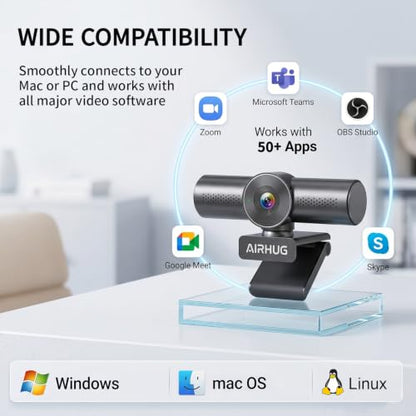 AIRHUG 2K 60fps Webcam, Streaming Camera with Sony 8MP Sensor, Dual Omnidirectional Mics, PDAF Autofocus, 60° Focused View for Online Meetings, Built in Privacy Cover, Plug and Play for Windows/Mac
