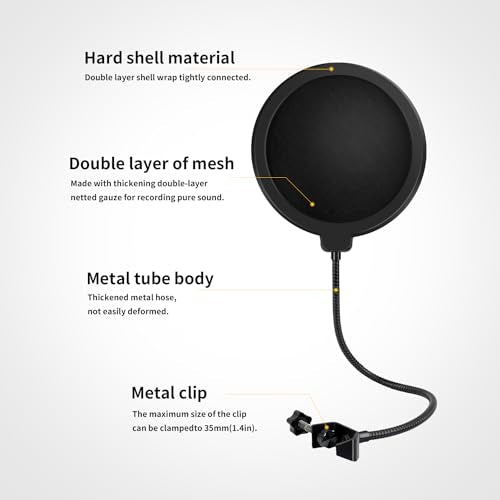 Professional Pop Filter,Liyirui 6" Mic Pop Filter,Dual Layered Studio Pop Filter Mask Shield with C-Clamp,360° Gooseneck Clip Stabilizing Arm For Microphone,Boom Arm,Stands (Pop Filter Only)