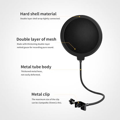 Professional Pop Filter,Liyirui 6" Mic Pop Filter,Dual Layered Studio Pop Filter Mask Shield with C-Clamp,360° Gooseneck Clip Stabilizing Arm For Microphone,Boom Arm,Stands (Pop Filter Only)