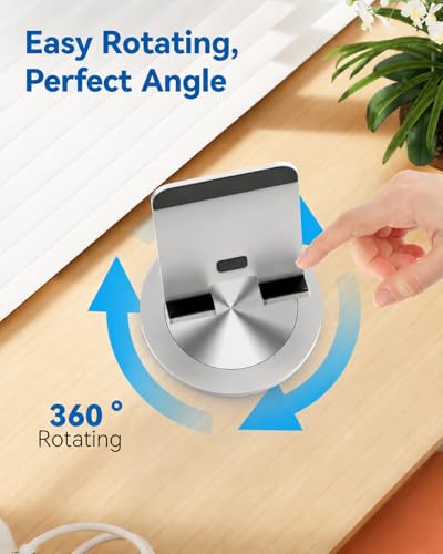 Phone Stand for Desk, 360° Rotating Dual Adjustable Foldable Holder, Heavy Solid All-Aluminum Base Anti-Slip Stable Support for Home Office Study, Fits iPhone Galaxy 4-8" Phones (Silver) - color: Silver