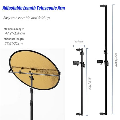 Extendable Reflector Holder Arm, Photo Telescopic 27.9" to 47.2" Boom Arm 360° Swivel Reflector Bracket for Product Portrait Studio Outdoor Photography - style: Reflector Holder