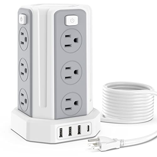 Power Strip Surge Protector, 10 Ft Extension Cord with 12 AC Multiple Outlets 4 USB (1 USB C), SMALLRT Power Tower Desktop Charging Station - color: White, size: 10 ft PD20W