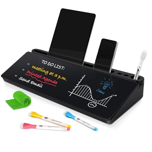 DOLLAR BOSS Glass Desk Whiteboard Small Dry Erase Board Desktop White Board with Storage Drawer Computer Keyboard Stand Desk Organizer Office Accessories School Supplies with 4 Markers 1 Rag, Black - color: Black-black Box, size: 16''x7''