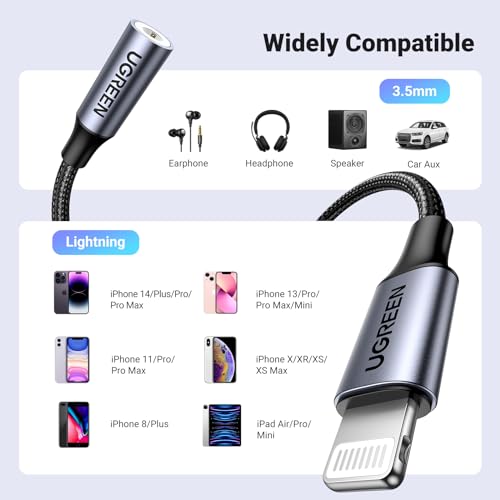 UGREEN Headphone Adapter for iPhone Lightning to 3.5mm Adapter Apple MFi Certified Lightning Aux Audio Jack Dongle Compatible with iPhone 14 Pro Max/14 Plus/13 12 11 Pro Max/SE/XS, Grey - color: Grey