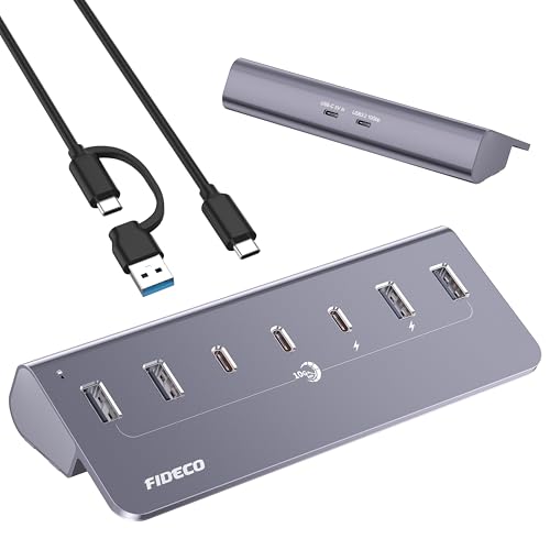 FIDECO Powered USB Hub, 7 Port 10Gbps Fast Data Hub for iPhone 16/15 and Laptop, Full Aluminum USB Splitter with 5V 3A Power Adapter, 4 USB A and 3 USB C Ports, Support BC1.2 Charging, Grey - color: Grey