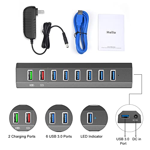 RAOYI Powered USB 3.0 Hub, 8 Ports High Speed USB 3.0 Hub Splitter with 36W Power Adapter, 3.3ft Cable and Smart Fast Charger USB Hub for Laptop, PC, Mobile HDD, Mulitple Devices (Gray) - size: Gray, style: 8-Port 36W Trapezoid