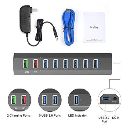 RAOYI Powered USB 3.0 Hub, 8 Ports High Speed USB 3.0 Hub Splitter with 36W Power Adapter, 3.3ft Cable and Smart Fast Charger USB Hub for Laptop, PC, Mobile HDD, Mulitple Devices (Gray) - size: Gray, style: 8-Port 36W Trapezoid