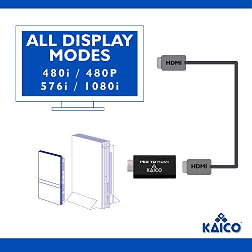 Kaico PS2 to HDMI Adapter for PlayStation 2, Plug & Play HDMI Converter | Supports 480i, 480p, 576i, 576p and 1080i output, with built-in audio, Micro USB power cable, clear video and audio