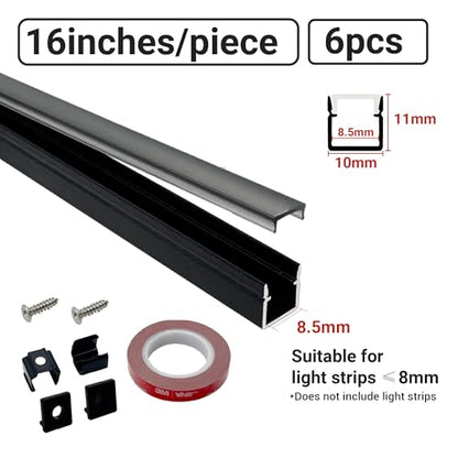 HAMRVL 6-Pack 16-Inch 10×10mm Black LED Aluminum Channel System for Wood Slat Wall Panels, U Shape LED Channel Profile with Mounting Accessories, LED Strip Diffuser for Acoustic Panels, Wall Decor