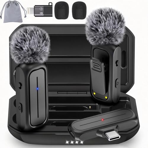 2-Pack Wireless Mini Lavalier Lapel Microphone for iPhone,Android Phone w/ Charging Case - 65ft Cordless Clip on Dual Mics with Noise Reduction 6H Working Time for Video Recording Vlogging,YouTube