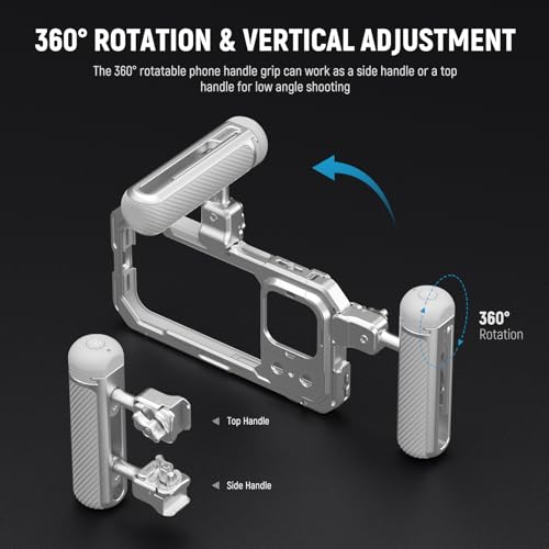 NEEWER Quick Release Side Handle with Detachable Bluetooth Shutter, Anti Off Cold Shoe, 360° Rotation, Compatible with iPhone 16 Pro 16 Pro Max S25 Ultra Phone Cage Accessories, Silver + Gray, PA045E - style: PA045E Silver/Gray