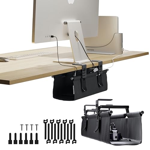 Ascrono Original No Drill Under Desk Cable Management Tray 14.1" - Premium Black Fabric Cable Management Under Desk - Clamp/Screw Mount Cord Organizer - Supports Upto 66lbs - color: Black, size: Mini (14.1 in)