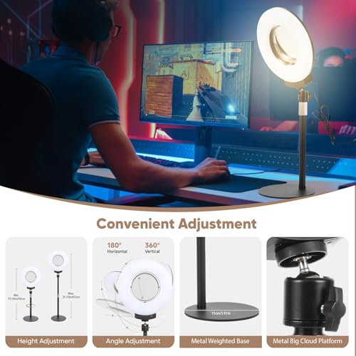 Desk Ring Light with Mirror & Stand, 4" HD Makeup Mirror 360° Rotatable,10W Dimmable LED Desk Lamp with Phone Holder & Stand,for Live Streaming,Makeup,Video,Zoom Call,Vlogging,TikTok