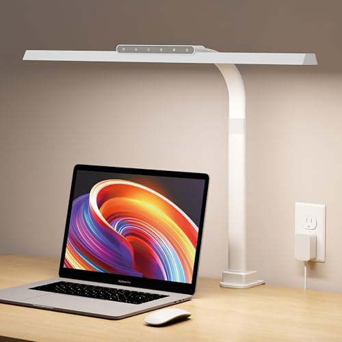 LED Desk Lamps for Home Office, 24W Bright Eye-Caring Desk Light with Clamp, Stepless Dimming Adjustable Flexible Gooseneck Clip on Office Lamp with Adapter for Reading, Study, Workbench,White - color: White, size: Head Length 23.62" with Clamp