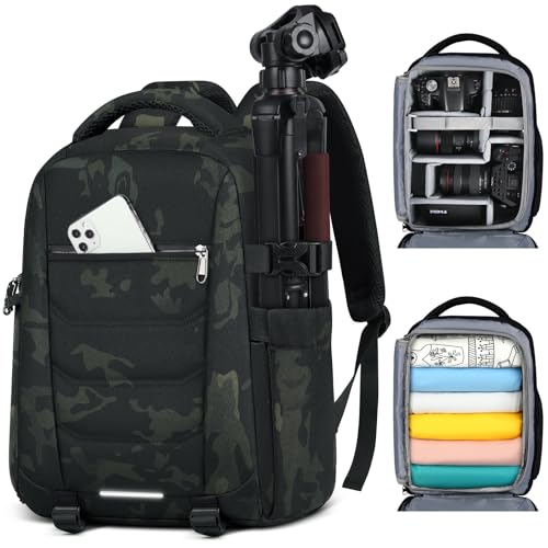 SDYSM Camera Bag Backpack Professional for DSLR SLR Mirrorless Camera Waterproof Laptop Back Pack 14 Inch with Rain Cover Anti Theft Travel Case Large Capacity Photography Backpack Camouflage - color: Camouflage, size: Medium