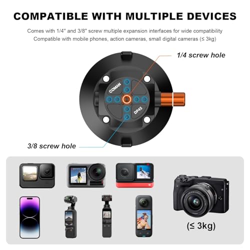 COMAN 3'' Suction Cup Camera Mount with Ball Head Magic Arm, Metal Camera Suction Mount for Action Cameras iPhone, Quick Release Car Mount with 1/4" & 3/8" Mounting Holes for Car Windshield Window - size: 3'' Suction Mount
