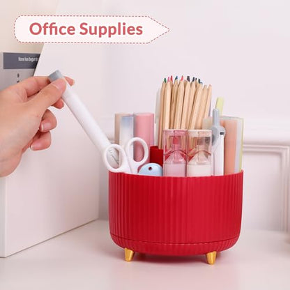 SKYDUE 360 Degree Rotating Desk Organizer, Dual-Purpose Pencil Pen Holder, Pen Organizer with 5 Slots, Pencil Cup for Office, School, Home - color: Red