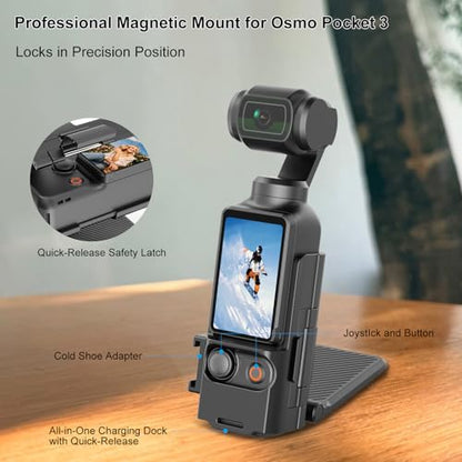 Folding Magnetic Mount Base Bracket for DJI Osmo Pocket 3 Accessories- Adjustable Magnetic Phone Mount, Portable Desktop Tripod Stand, Handheld Grip Handle, Vlogging Accessories (Black)
