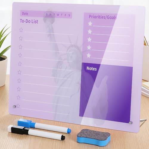 LeMotech Desktop Acrylic Dry Erase Board, 15.7x11.8 inches to-Do List Planner, Tabletop Whiteboard with Stand Office Supplies Includes 2 Markers & 1 Eraser, Purple Statue of Liberty Pattern, 1 Pack - color: Purple, size: 15.7"W x 11.8"H (1 Pack)