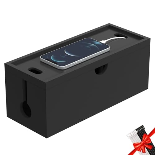 Bamboo Cable Management Box, Large Cord Organizer Box Cable Box to Hide Wires & Power Strips for Desktop Storage Cord Holder for Office Home,No Assembley Required (All Black, 1Medium) - color: All Black, size: 1 Medium