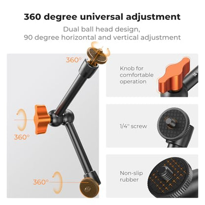K&F CONCEPT 9.8" Magic Arm, 1/4" Screw Camera Mount Arm 360° Ball Heads for DSLRs, Monitor, Flash, LED Light, Microphone, Camera Cage, Action Camera - style: 9.8" Arm
