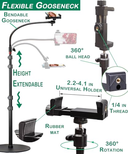 Tall Video Cell Phone Mount with Height Adjustable Stand, Heavy Base, 360 Head - Compatible with iPhone 16, 16 Pro Max, 16 Plus, 15, 14, 13 - color: Center Column Stand