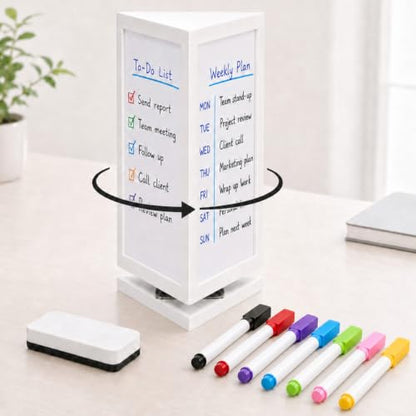 Lincia 3-sided Rotating Desktop Whiteboard Tower, Total 29.4" x 15.3" Dry Erase Board Planner with 8 Markers and Eraser, Multi-surface Memo Board for To-do Lists, Weekly Planning, Office, Home, School - style: 3-sided