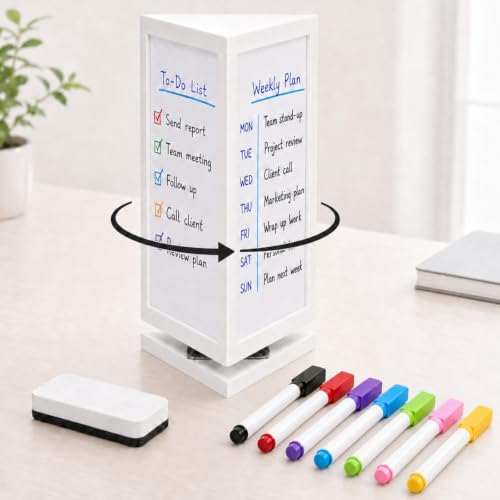 Lincia 3-sided Rotating Desktop Whiteboard Tower, Total 29.4" x 15.3" Dry Erase Board Planner with 8 Markers and Eraser, Multi-surface Memo Board for To-do Lists, Weekly Planning, Office, Home, School - style: 3-sided