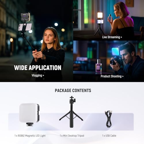 NEEWER Magnetic RGB Camera Video Light with Desk Tripod Stand & 3 Cold Shoes, Upgraded APP Control, CRI97+ 2500-8500K 2000mAh Rechargeable Photography Recording Small LED Panel Lighting, RGB62
