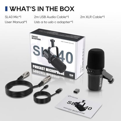 FDUCE SL40 USB/XLR Dynamic Microphone for Podcasting, Gaming, Live Streaming and Recording, Built-in Headphone Output, LED Mute Button, All Metal, Voice Isolation Technology - style: SL40