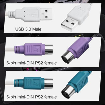 USB to PS2 Converter Cable, 2-in-1 USB A to PS/2 Adapter for Keyboard Mouse, Plug and Play Compatible with Industrial PC, Old Motherboard, KVM Switch, No Driver Required