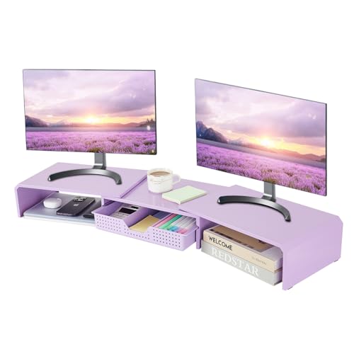 LEKETREE Dual Monitor Stand Riser with Drawer, Desk Organizer and Accessories, Metal Laptop Stand for Desk, Workspace Desktop Stand for Computer, Laptop, TV and More (Purple) - color: Purple-1