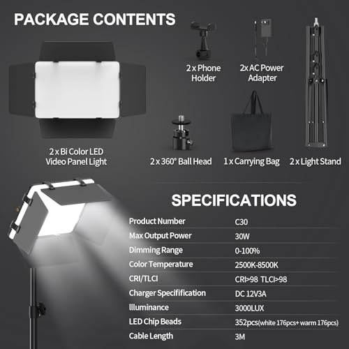 2 Pack LED Video Light with Barndoor, 30W Photography Lighting with Tripod Stand, 3000Lux CRI 98+ 2500K-8500K Studio Light Podcast Lighting for Video Recording, Game Live Streaming, Vlogging - size: 63" Tripod Stand