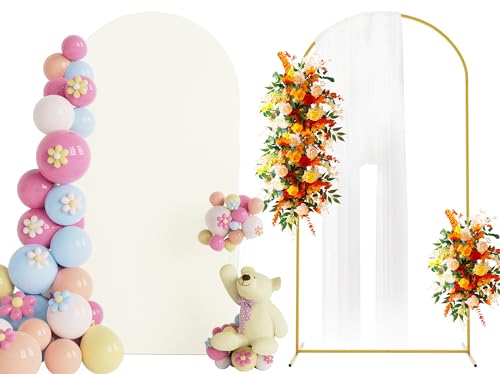 Putros Arch Backdrop Stand and Cover Set, 6.6ft, Gold Arch Stand with Ivory Cover, Metal Arched Background Frame for Wedding, Birthday Party, Baby Shower, Photography Decoration - color: Ivory, size: 6.6ft x 3.3ft