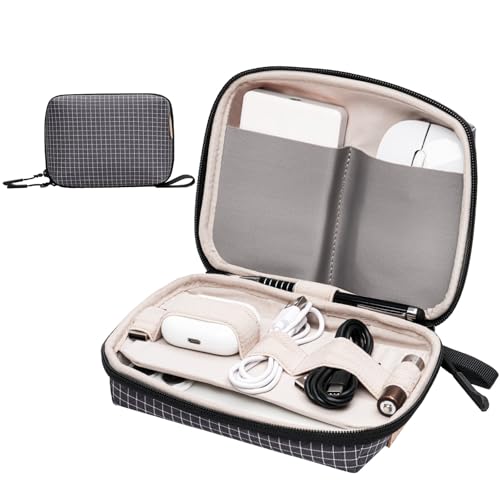 SIMTOP Electronics Organizer Cord Organizer Travel, Small Tech Bag for Cords, Chargers, Power Bank, Earbuds – Portable Cable Pouch for Office, Business Trip, Commute – Water & Scratch-Resistant - color: Black Plaid
