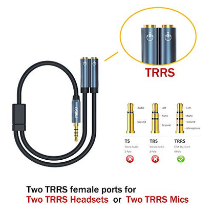 MillSO Headset Splitter for 2 TRRS Headphones or Mics 3 Feet 3.5mm Jack Adapter TRRS 4-Pole Splitter Male to Dual Female Adapter Compatible for 2 Headsets, Microphones to Mobile Phone, Laptop - size: 3 Feet - Standard