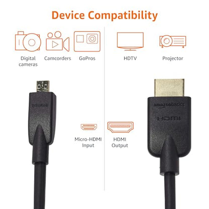Amazon Basics Micro HDMI to HDMI Cable, 18Gbps High-Speed, 4K@60Hz, 2160p, 48-Bit Color, Ethernet Ready, 6 Foot, Black