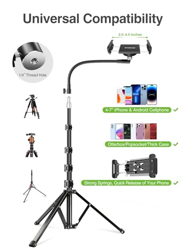 elitehood 80” Tall Phone Stand Tripod, Floor Phone Recording Holder, Heavy Duty Adjustable iPhone Tripod Stand Compatible with iPhone 15 14 13 12 - style: Flexible Arm with 360° Horizontal Rotation