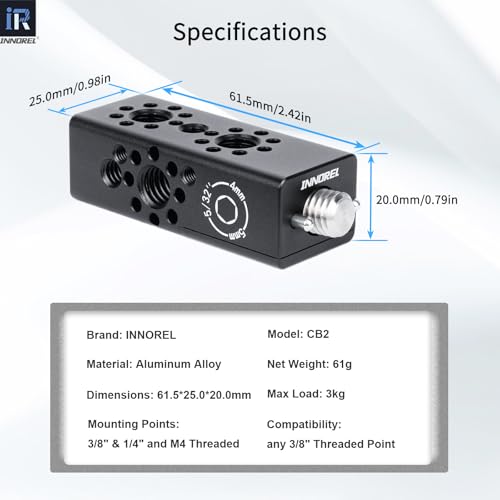 INNOREL CB2 CNC Aluminum Alloy Multi-Function Cheese Handle, Cheese Grip Extension Bar, Featuring 3/8" and 1/4" Arri Locating Holes for Camera Cage Frames, DIY Video Rigs, Any 3/8" Threaded Point - size: CB2