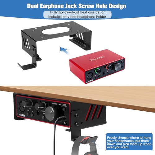 Metal Under Desk Mount and Wall Mount for Focusrite Scarlett Solo 3rd/4th Gen with Adjustable Headphone Hanger Stand, Metal Under Desk Mount for Audio Interfaces and Studio Gear (Black Holder Only)
