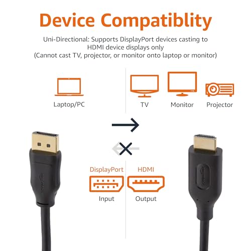 Amazon Basics DisplayPort to HDMI Cable, Uni-Directional, 4k@30Hz, 1920x1200, 1080P Full HD, Gold-Plated Plugs, 15 Foot, Black - size: 15 Feet, style: 1-Pack