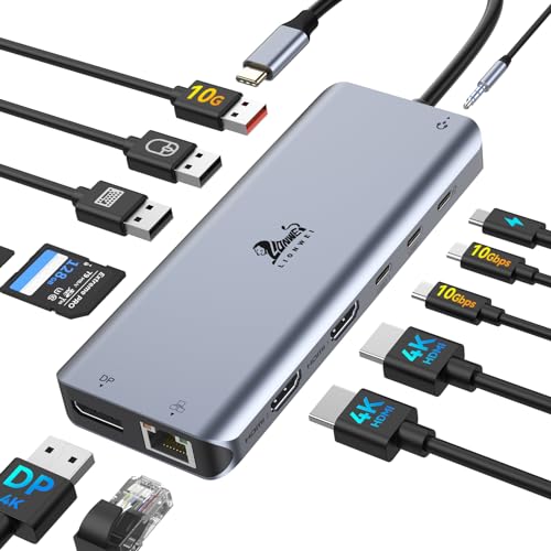 LIONWEI Laptop Docking Station 13 in 1 - Dual HDMI+DisplayPort+10Gbps, 6 USB C/A, 100W PD, Ethernet, SD/TF, Audio, USB C Hub for MacBook/Dell/HP/Surface - color: 13 IN 1(2 HDMI+DisplayPort)