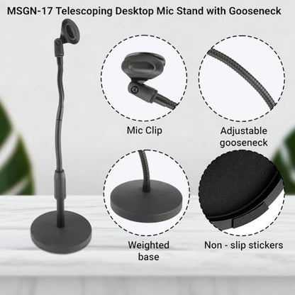 Telescoping Desktop Gooseneck Mic Stand, Adjustable 12–18″ Height with 6″ Flexible Arm, Heavy 3.9 lb Weighted Base, Mic Clip & Adapter – Ideal for Podcasting & Streaming - size: 12-18 inch