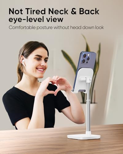 Cell Phone Stand, Adjustable Height Phone Stand for Desk, Eye Level Desktop Phone Holder Compatible with iPhone, Pro Max, Samsung, and All Mobile Phones up to 10'' - color: White
