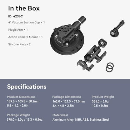 SMALLRIG 4" Camera Suction Mount with Ball Head Magic Arm, Car Mount for Lightweight Camera/Action Camera/Phone, Air Pump Vacuum Suction Cup, Max Load 3kg/6.6 Pound - 4236