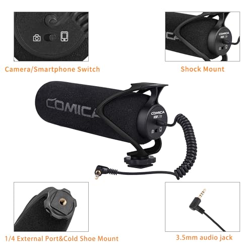 COMICA CVM-V30 LITE Video Microphone,Super-Cardioid Condenser On-Camera Shotgun Microphone for Canon Nikon Sony Panasonic DSLR Cameras,Mic for iPhone Android Smartphone with 3.5mm Jack(Black) - color: Black