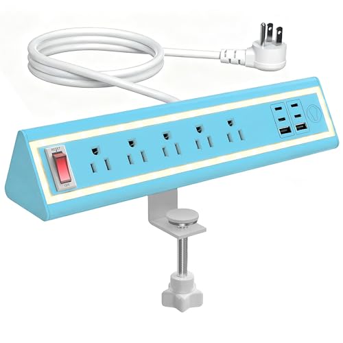 Desk Clamp Power Strip with Nightlight, 40W Fast Charging, 10FT Extension Cord, 4x20W USB-C & 2 USB Ports, 5 AC Outlets, Fits 1.69-Inch Table Edges - color: Blue 10 FT